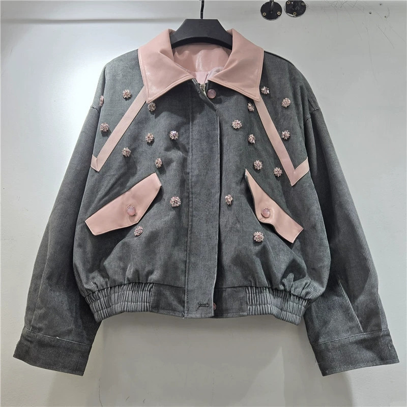Leatherwork Flowers - Heavy Work Beaded Flowers Corduroy Jacket